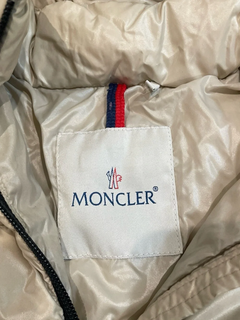 Moncler Kids Cream Quilted Hooded Puffer Coat with Black Trim
